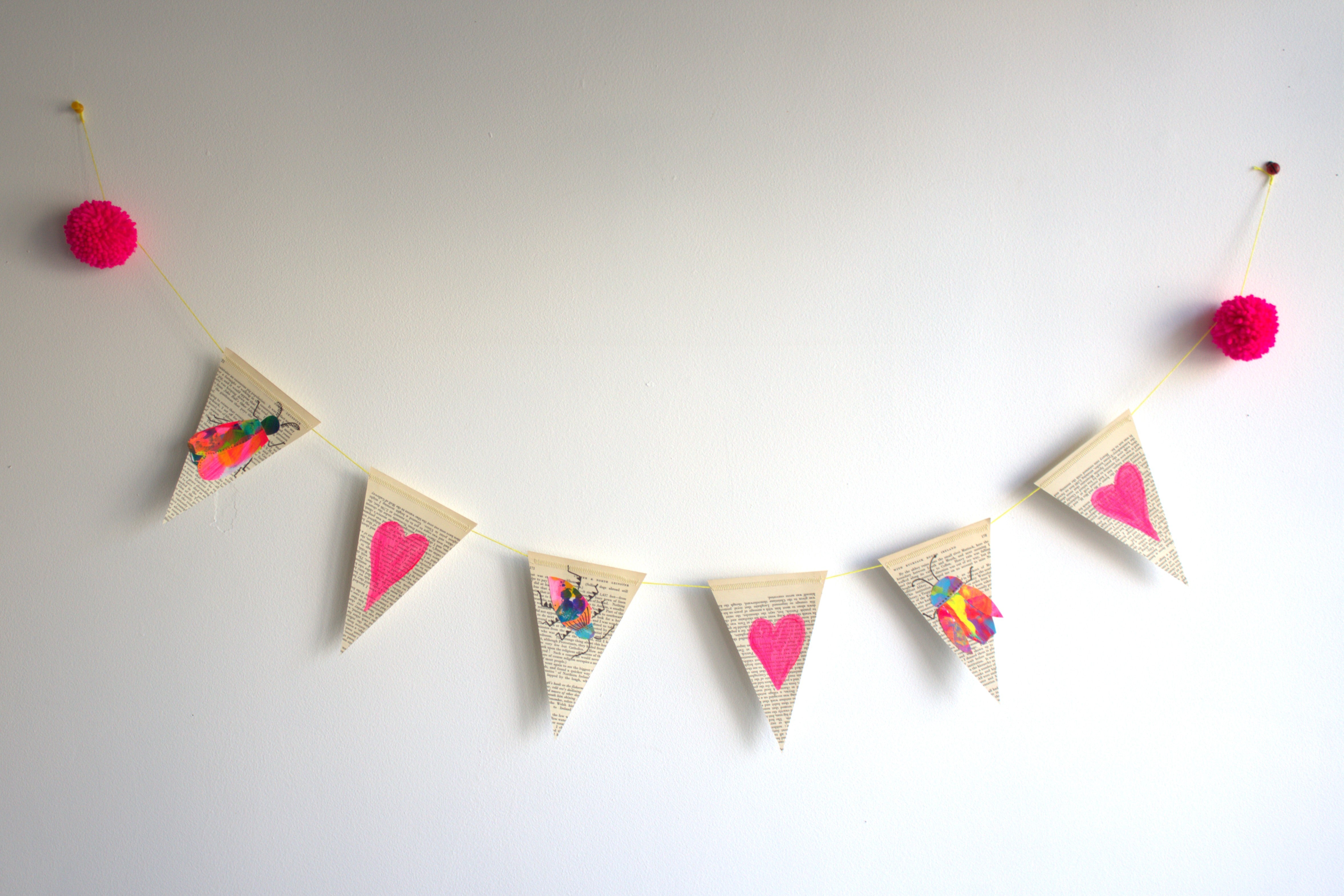 Vintage Book Page Bunting- Bugs and Hearts