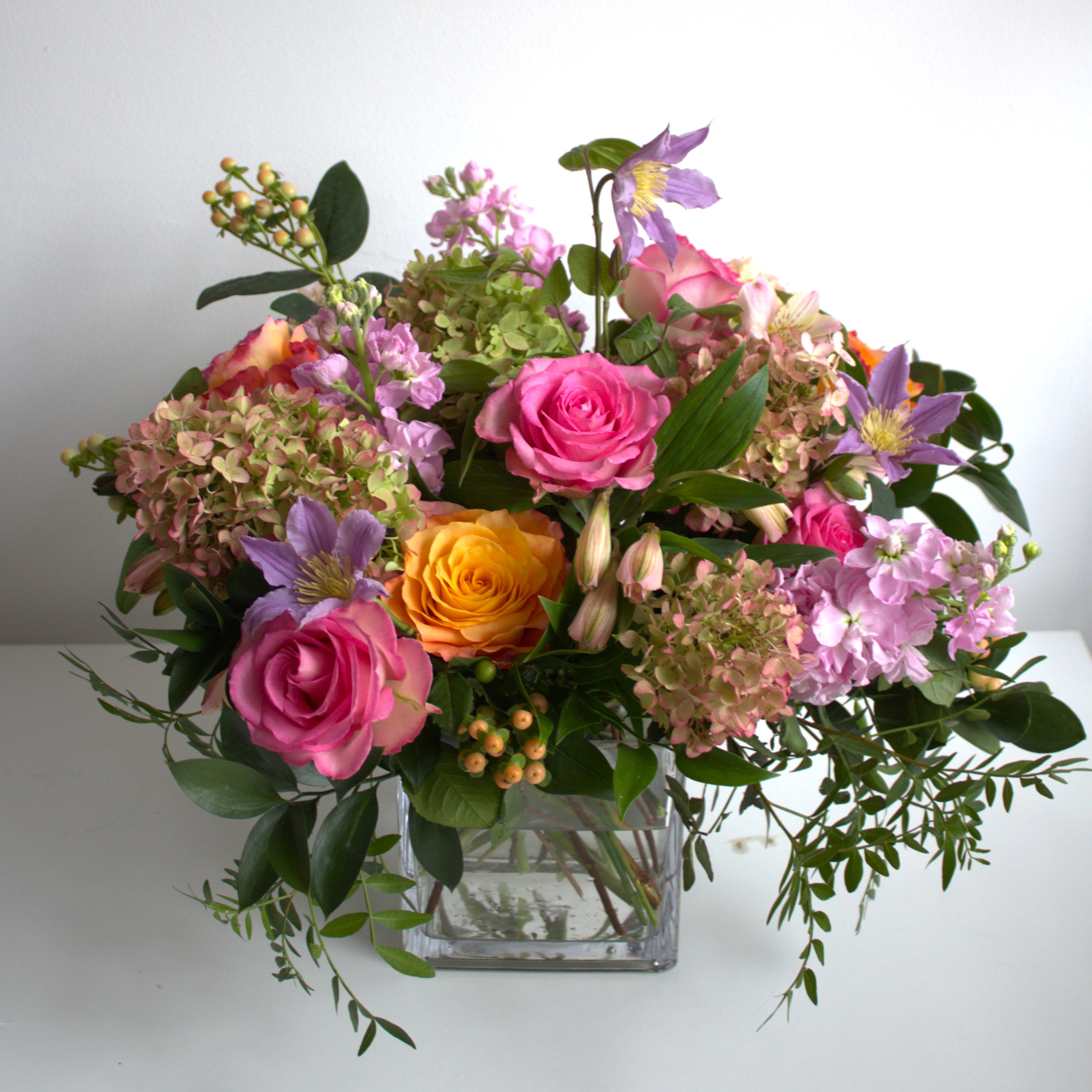 Harper Flowers In A Square Glass Vase (3 sizes available)
