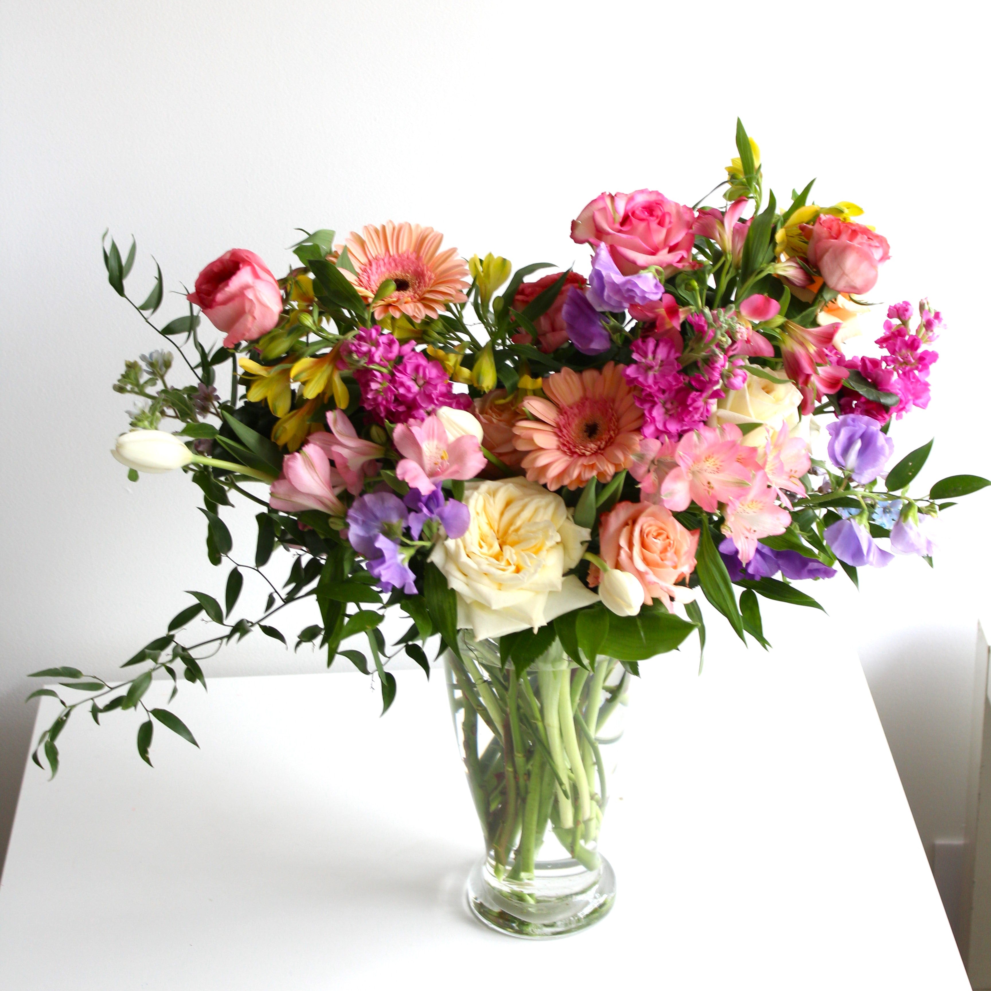 Sympathy Flowers In Tall Glass Vase (3 sizes)