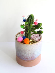 A potted cactus with festive pompoms.