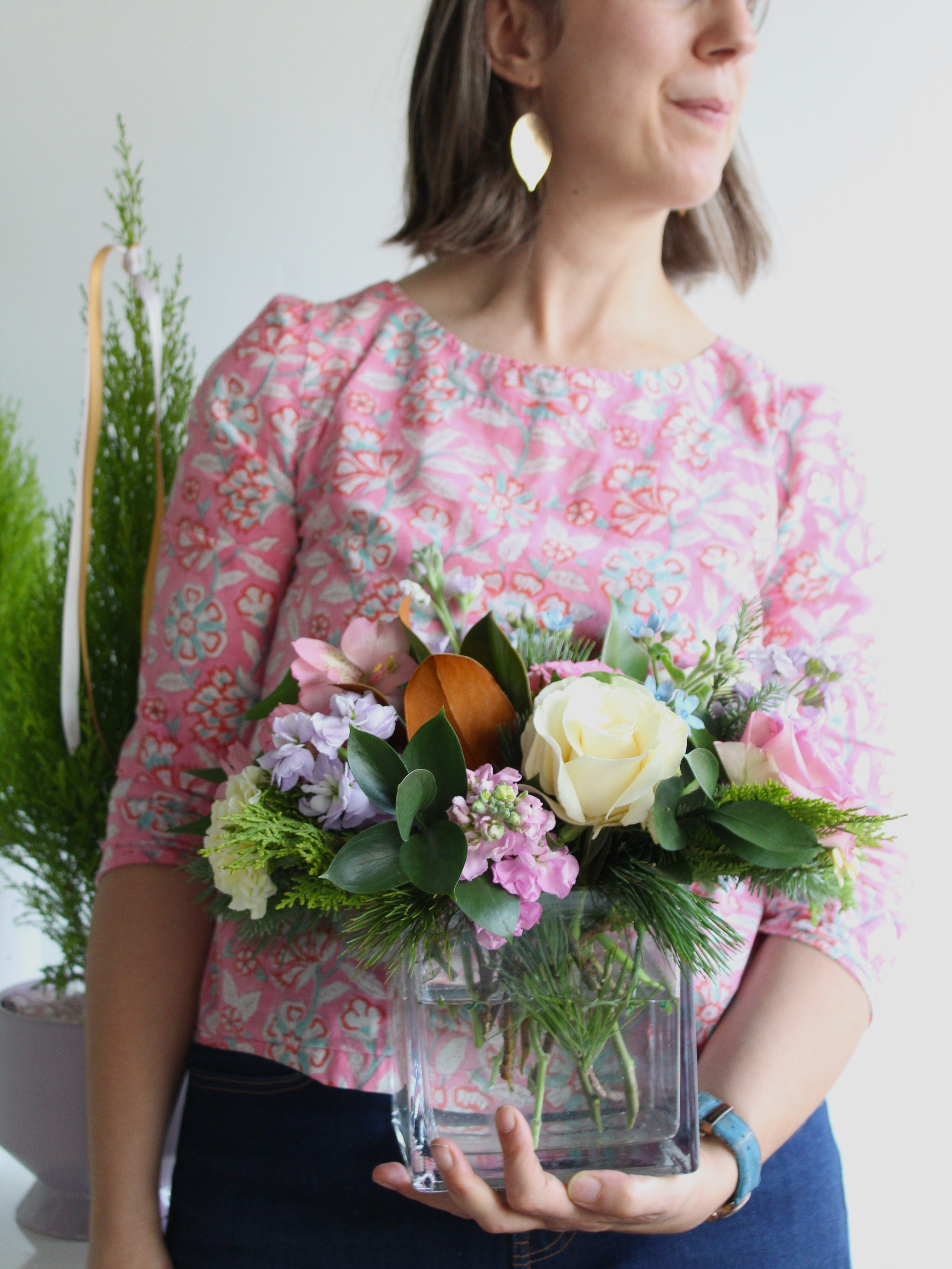 Pastel Christmas Arrangement in Low Glass Vase (3 sizes available)