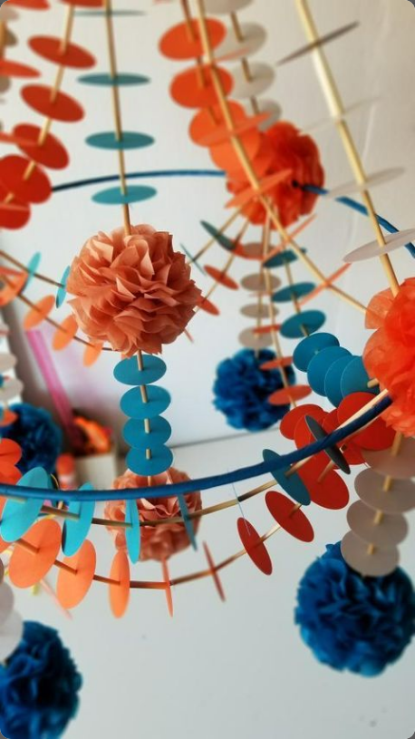 Paper chandelier in blue/orange/rust