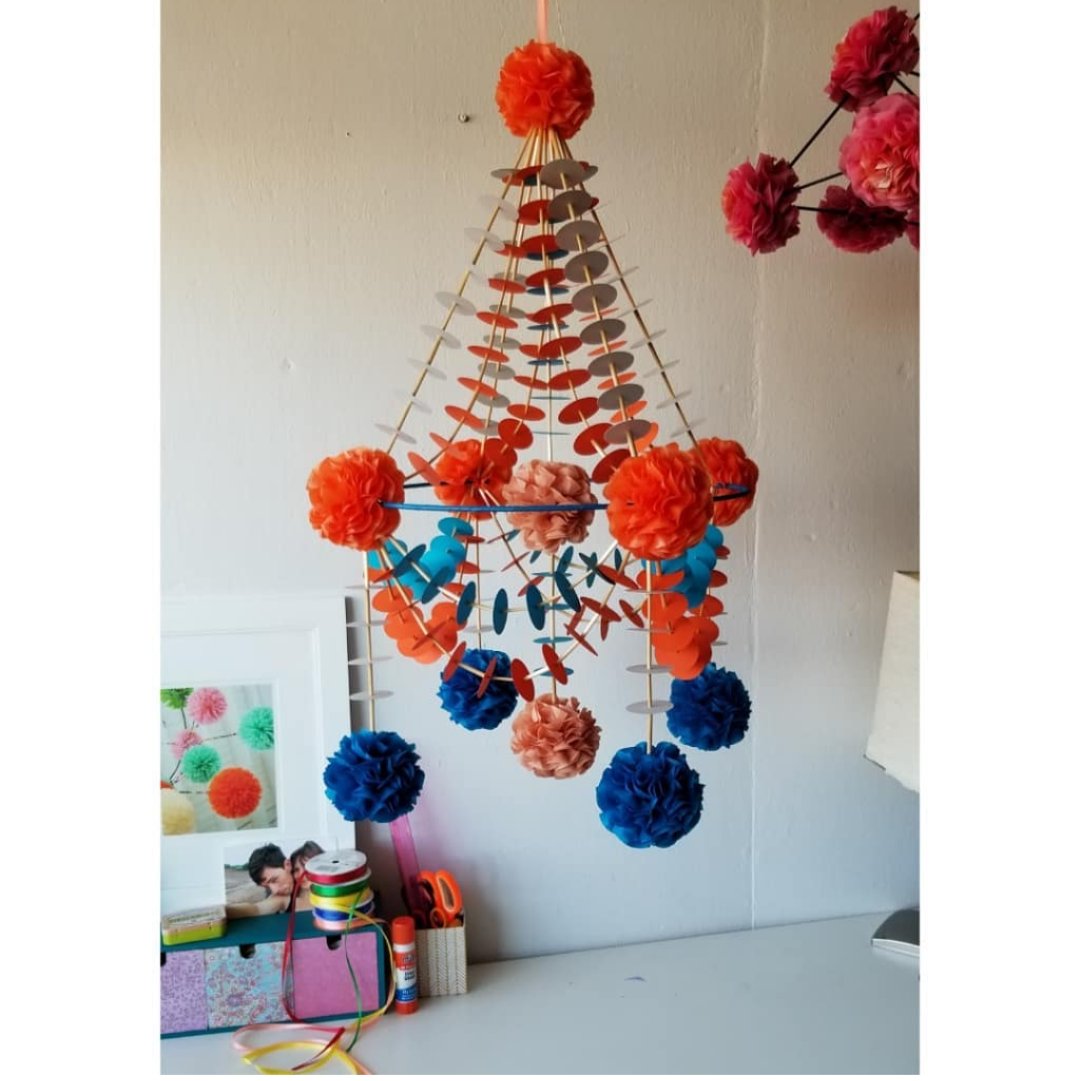 Paper chandelier in blue/orange/rust